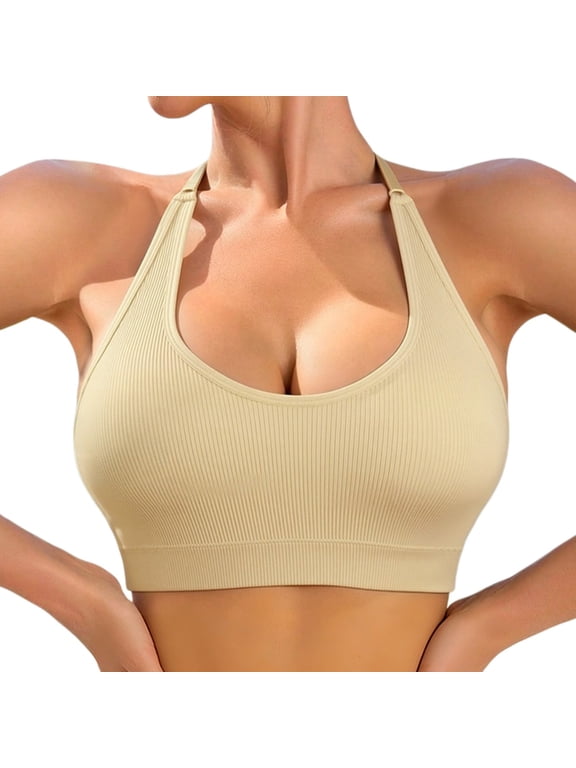 Halter Sports Bra Women Ribbed U Neck Low Back Padded Crop Top with Built In Bra Wireless Seamless Bralette Soft Stretchy Comfy Full Coverage Push Up Support Yoga Workout Bra Light Yellow M