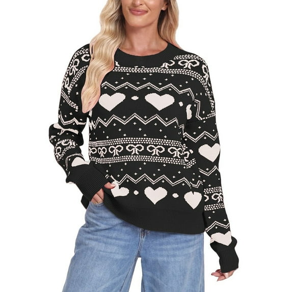 VISALY Heart Sweater Heart Sweater with Bow Ribbed Pullover Sweaters Lightweight Sweaters Comfy Sweaters Cotton Sweaters Trendy Sweater Dressy Tops Oversized Sweater Black Xl