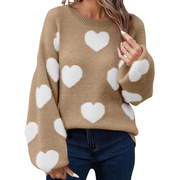 VISALY Heart Sweater Love Print Heart Sweater Cotton Sweaters Cozy Sweaters Business Casual Sweaters Casual Sweaters Trendy Loose Casual Pullover Sweater Tunic Sweater Khaki S