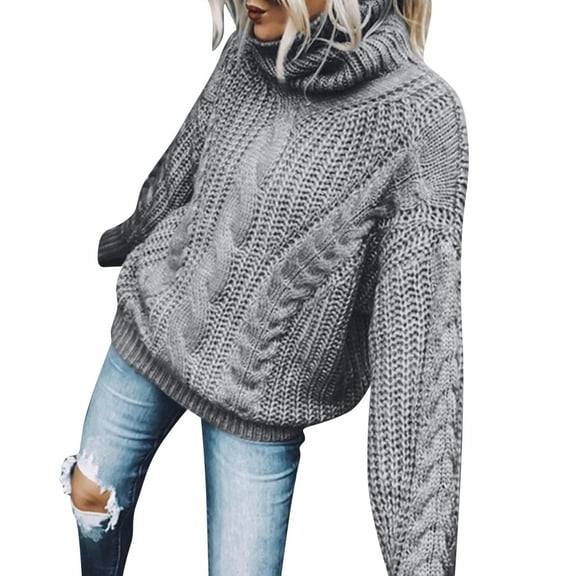 VISALY High Neck Sweaters Crochet Sweaters Womens Turtleneck Sweaters Long Sleeve Pullover Cable Knit Sweaters Soft Jumper Chunky Sweaters Women Pullover Sweaters Comfy Sweaters Grey L