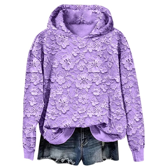 VISALY Hoodie Pullover Crewneck Sweaters Long Sleeve Lace Hoodie Elegant Pullover Sweatshirt Soft Fleece Oversized Fall Winter Lightweight Hoodie Loose Sweater Sweater Jacket for Women Casual Purple M