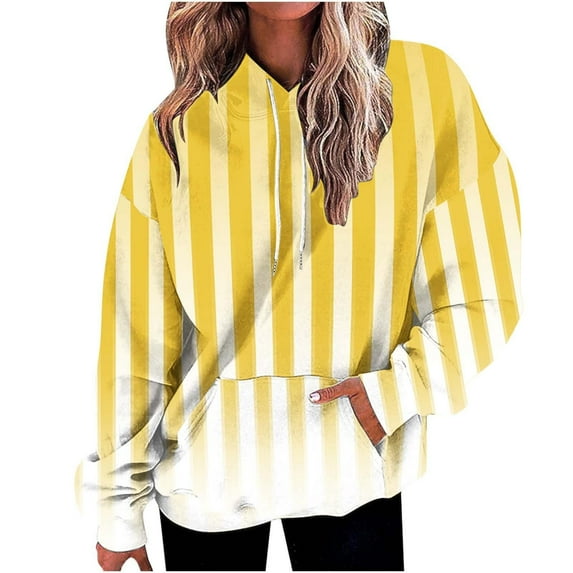 VISALY Hoodies Pullover Cotton Sweaters Oversized Hoodies Striped Plus Size Long Sleeve Sweaters Pullover Fall Clothes with Pocket Sweaters Womens Pullovers Womens Pullover Sweatshirts Yellow Xxl