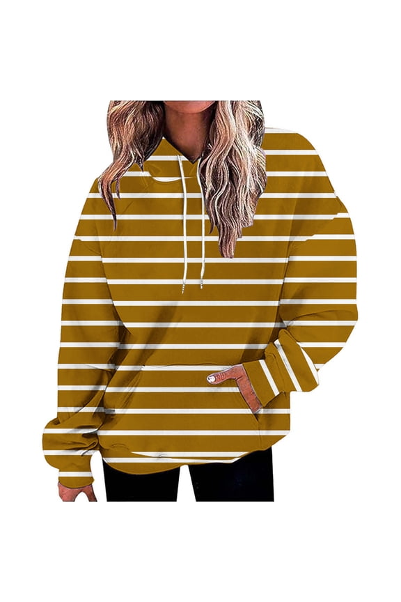 Hoodies Pullover Cotton Sweaters Oversized Hoodies Striped Plus Size Long Sleeve Sweaters Pullover Fall with Pocket Running Sweatshirts Half Zip Pullover Women Pullover Sweaters Coffee L