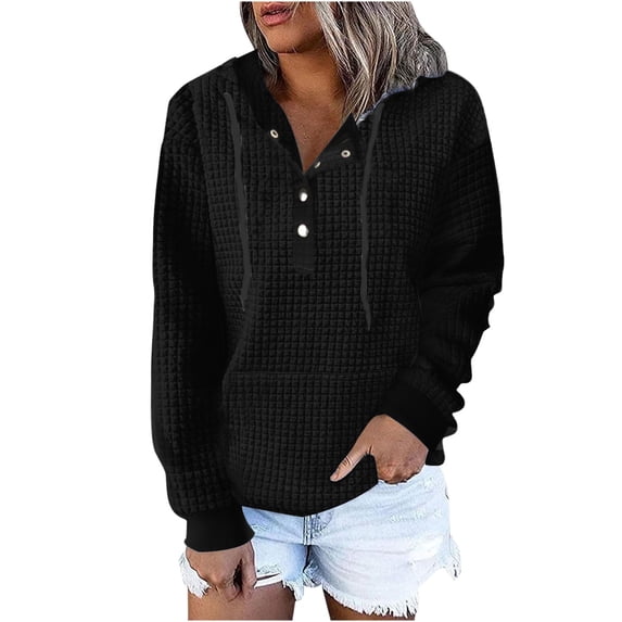 VISALY Hoodies Pullover Drawstring Sweatshirt Half Buttons Sweatshirts Cropped Hoodies Pullover Sweaters Fall Outfits Winter Clothes Casual Sweaters Hoodies Pullover Basic Sweatshirt Black L