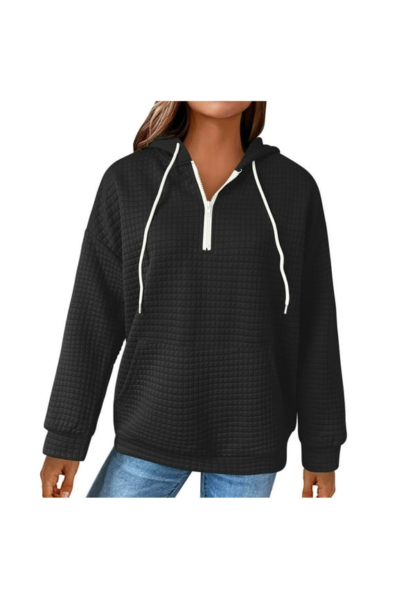 Hoodies Pullover Drawstring Sweatshirt Half Zip Sweatshirts Cropped Hoodies Quarter Zip Up Pullover Sweaters Winter Casual Sweaters Waffle Sweater Fall Sweatshirt Black M