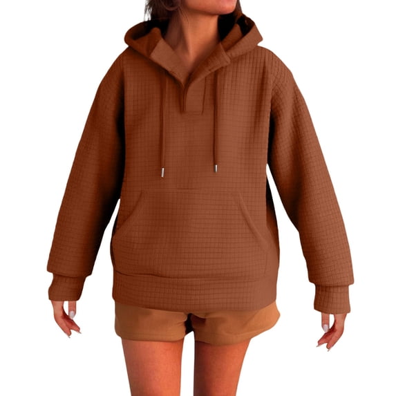VISALY Hoodies Pullover Drawstring Sweatshirt Women's Fashion Clothes for Every Occasion Cotton Linen Cardigan Summer Chic Oversized Sweatshirt Waffle Sweater Fall Sweatshirt Brown 3Xl