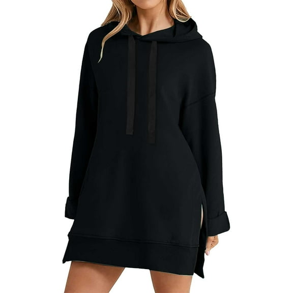 VISALY Hoodies Pullover Drawstring Sweatshirt Women's Sweatshirt Dress Knee Length Long Pullover Tops Fall Winter Sweater Oversized Sweatshirt Pullover Sweatshirt Basic Tops Black L