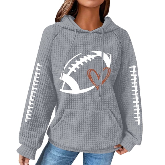 VISALY Hoodies Pullover Graphic Sweatshirts Knit Hoodie Women's Sweatshirt Football Graphic Long Sleeve Sweater Football Season Pullover Casual Sweaters Waffle Sweater Fall Sweatshirt Grey M