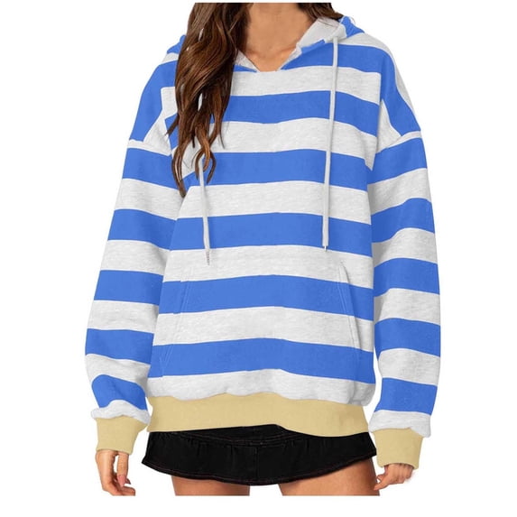 VISALY Hoodies Pullover Ribbed Long Sleeve Tops Oversized Hoodies Striped Plus Size Long Sleeve Sweaters Pullover Fall Clothes with Pocket Dressy Sweaters Lightweight Pullover Tunic Sweatshirt Blue Xl