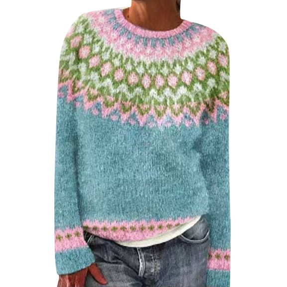 VISALY Isle Sweater Top Knitted Pullover Cozy Cute Sweaters for Women Graphic Tops Boho Pattern Pullover 2025 Fashion Basic Sweater Tops Crew Neck Vintage Sweater Cable Knit Soft-Touch Sky Blue M