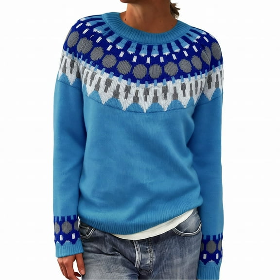 VISALY Isle Sweater Top Merino W.ool Seamless Sweater Knitted Pullover Boho Pattern Pullover Soft Touch Funnel Lightweight Knit Cropped Sweater Soft Knit Cozy Cute Vintage Sweater Dark Blue XL