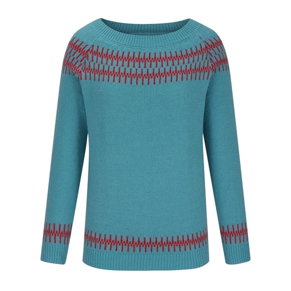VISALY Isle Sweater Top Oversized Dressy Tops Soft Warm Cozy Soft Touch Funnel Merino W.ool Seamless Sweater Sweaters for Women Cropped Sweater Boho Pattern Pullover Oversized Sweaters Blue L