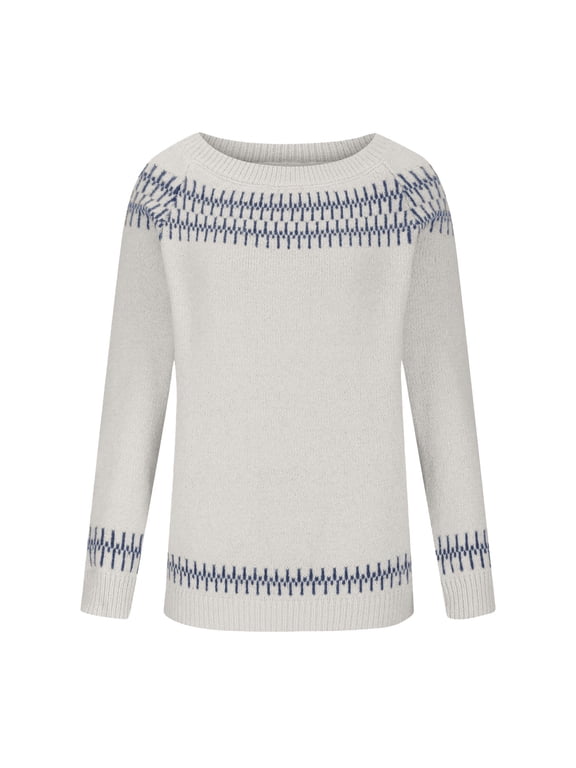 Isle Sweater Top Pullover Sweater Merino W.ool Seamless Sweater Sweaters for Women Boho Pattern Pullover Cable Knit Knitted Pullover Cozy Cute Oversized Dressy Tops 2025 Fashion White L