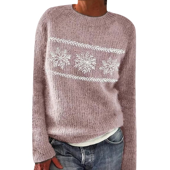 VISALY Isle Sweater Top Soft Knit Merino W.ool Seamless Sweater Knitted Pullover Boho Pattern Pullover Vintage Sweater Crew Neck Basic Sweater Tops Lightweight Knit Sweaters for Women Pink M