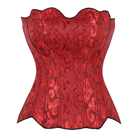 VISALY Jacquard Irregular Hem Corset Tops for Women Plus Size Cute Strapless Waist Cincher Bustier Going Out Renaissance Trendy Fashion Tummy Control Shapewear for Halloween Costumes Outfits Wine M