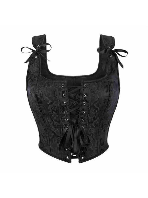 Jacquard Overbust Corset Tops for Women Renaissance Lace Up Floral Bustier Shoulder Strap Bow Bustier Top Boned Lace Up Waist Shaper Vintage Floral Overbust Lace Waist Bodysuit Black L