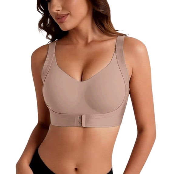 VISALY Jelly Bras for Women Front Closure Wireless Posture Corrector Bra Push Up Lift Plus Size No Underwire Bralette Minimizer Supportive Wirefree Soft Comfy Full Coverage T-Shirts Bra Khaki 4Xl
