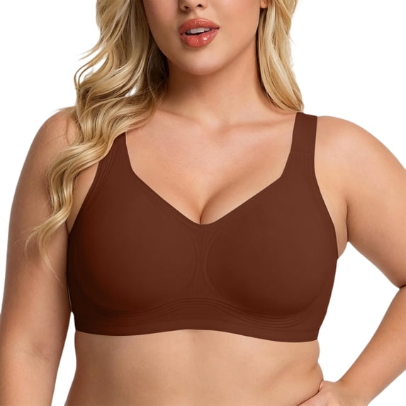 VISALY Jelly Bras for Women Plus Size Seamless Wireless Lifting Bra Full Coverage V‑Neck No Underwire Support Bralette Wide Strap Smoothing Soft Comfy Lift Minimizer Push Up T‑Shirt Bra Brown M