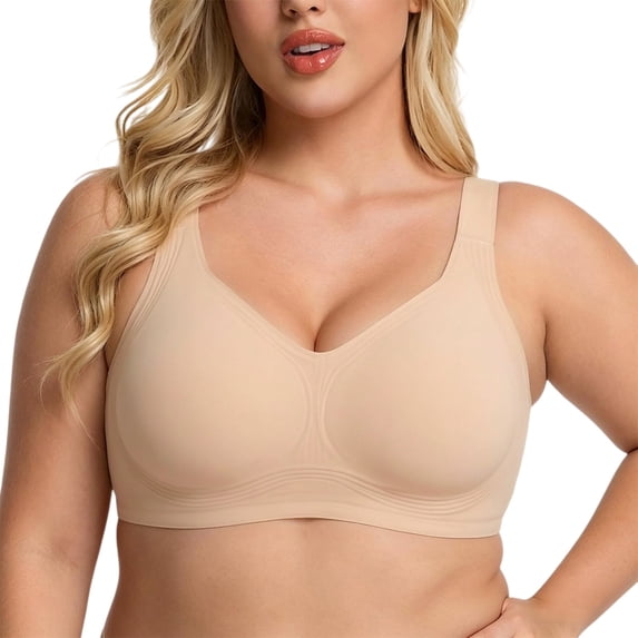 VISALY Jelly Bras for Women Plus Size Seamless Wireless Lifting Bra Full Coverage V‑Neck No Underwire Support Bralette Wide Strap Smoothing Soft Comfy Lift Minimizer Push Up T‑Shirt Bra Beige M