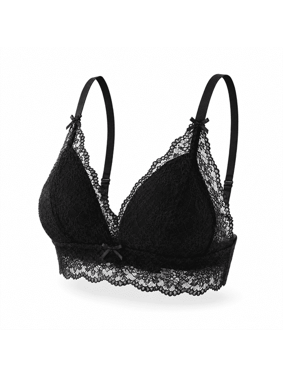 Lace Bralette for Women Spaghetti Strap Wireless Bralettes Non Padded Bralette V Neck Minimizer Bra Floral Triangle Bra Plunge Lightly Lined Full Coverage Lace Floral Underwear Black L