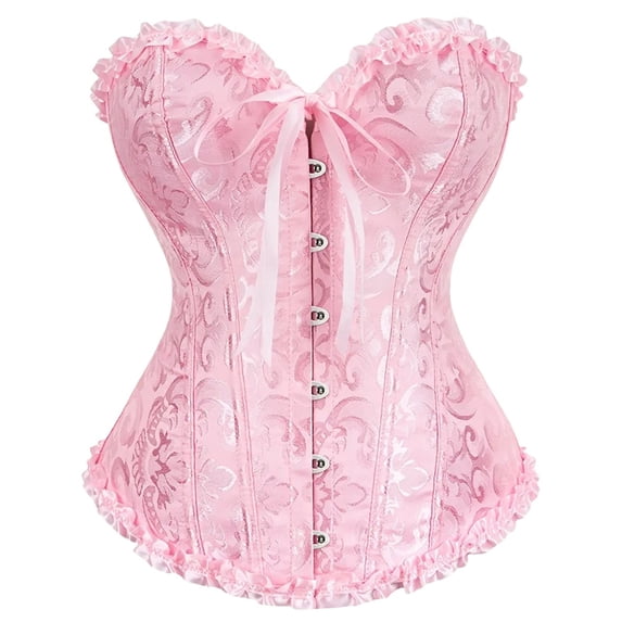 VISALY Lace Up Corset Tops Plus Size Boned Vintage Floral Overbust Shapewear Corset Bustier Bodyshaper Push Up Strapless Going Out Tank Tops Waist Cincher Bustier for Party Halloween Pink 6Xl