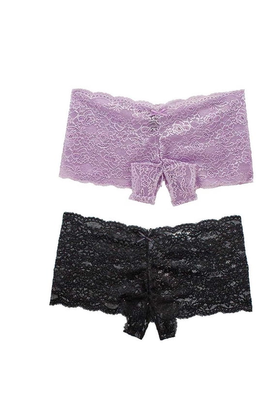 Lace Crotchless Panty Set: Purple/Black Color Pair, Adjustable Bow Detail, Sheer Underwear, Purple Black,XXL