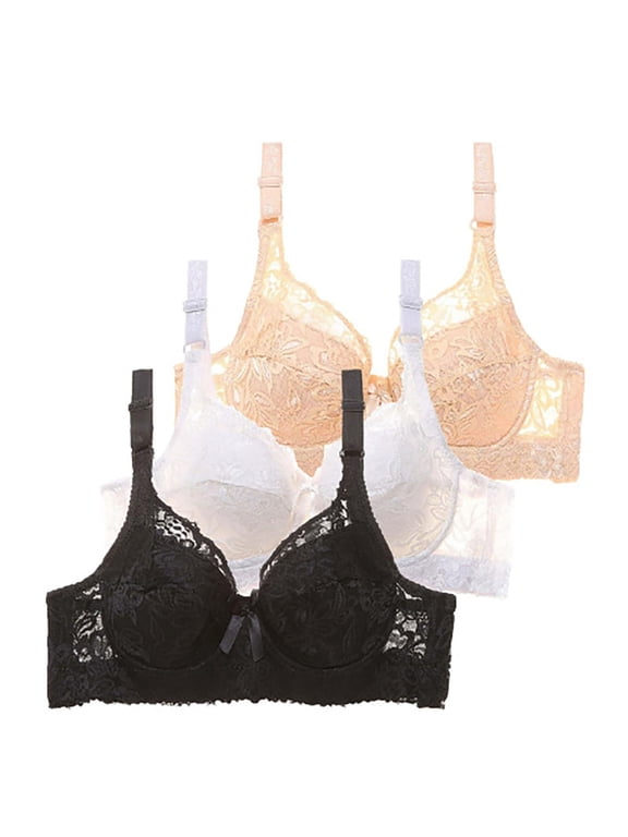 Lace Detail Support Bra Set: Wirefree Comfort, Full Coverage Design, Adjustable Fit - 3 Pack Bundle, Black,40/90BC