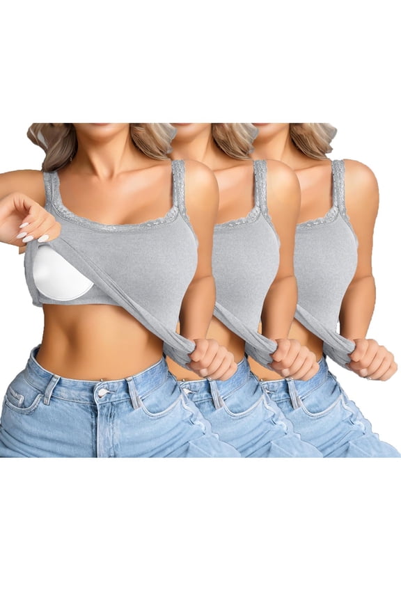 Lace Trim Built-In Shelf Bra Cami Tank Top 3Pc Sleeveless Lace Undershirts Basic Layer Camisole Tops Tight Stretchy Cami Padded Bras Layering Vest Comfy Layering Yoga Tanks Tops Grey S