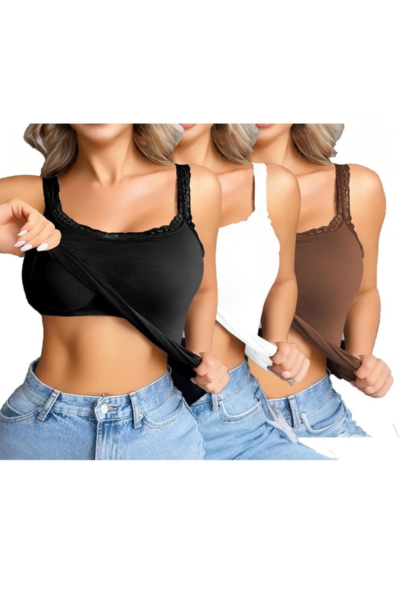 Lace Trim Built-In Shelf Bra Cami Tank Top 3Pc Sleeveless Lace Undershirts Basic Layer Camisole Tops Tight Stretchy Cami Padded Bras Layering Vest Comfy Layering Yoga Tanks Tops A L