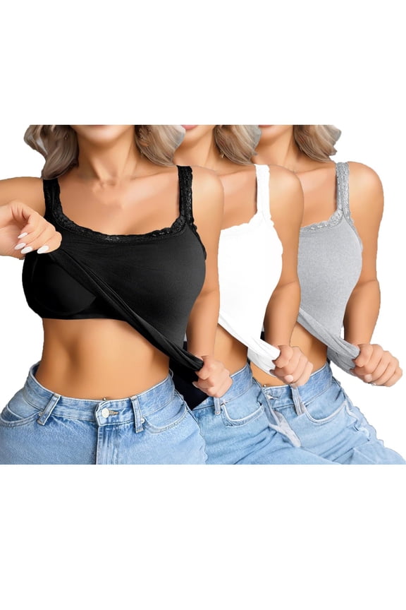 Lace Trim Built-In Shelf Bra Cami Tank Top 3Pc Sleeveless Lace Undershirts Basic Layer Camisole Tops Tight Stretchy Cami Padded Bras Layering Vest Comfy Layering Yoga Tanks Tops H S