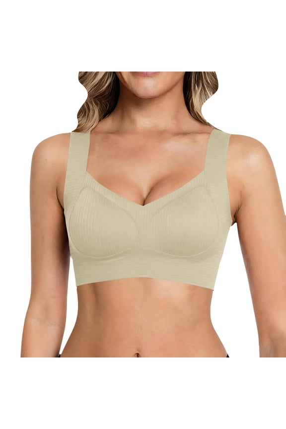 Lift Bust Shaping Bra,Shape Lifting Bra for Seniors Basic Ribbed Wireless Seamless Bra Wide Strap No Underwire Support Bra Full Coverage Push Up Bra Everyday Soft Padded Lift Bras Beige L