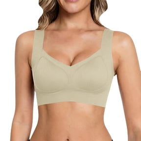 VISALY Lift Bust Shaping Bra,Shape Lifting Bra for Seniors Basic Ribbed Wireless Seamless Bra Wide Strap No Underwire Support Bra Full Coverage Push Up Bra Everyday Soft Padded Lift Bras Beige L