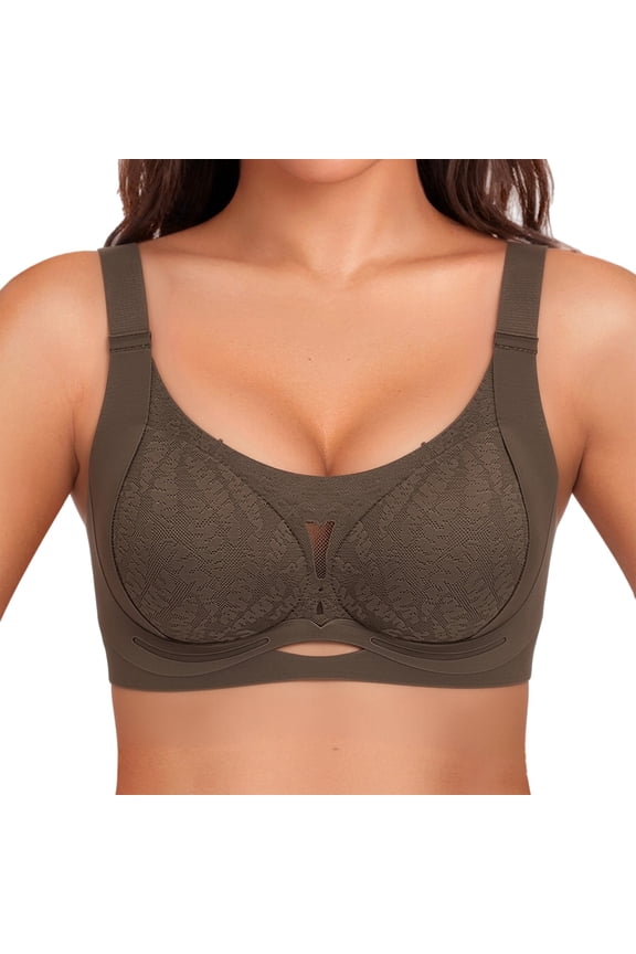 Lift Bust Shaping Bra for Women Wirefree Bust Support Lift Bra No Underwire Mesh V-Neck Bra Lace Soft Support Comfort Bra Wireless Supportive Full Coverage Everyday T-Shirt Bralette Coffee L
