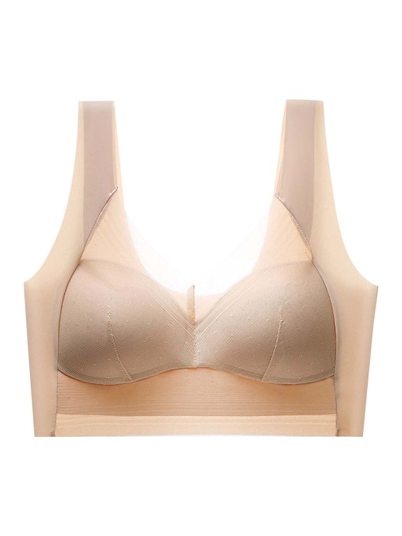 Lift Bust Shaping T-Shirts Bra Sleep Support Lift Bra Comfy Mesh V Neck Lounge Wide Strap Full Coverage Bralette Breathable Wireless Seamless Everyday Underwear Wirefree Sleep Bra Beige L
