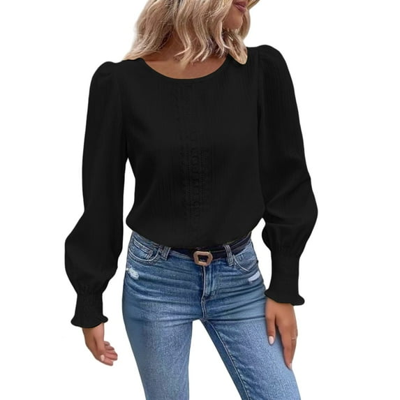 VISALY Lightweight Dressy Casual Blouses Long Sleeve Crewneck Pullover Tops Trendy Puff Sleeve Plain Tops Fitted Shirts Cute Shirts Casual Wrinkle Free Blouses Fashion Spring Fall Outfits Black Xl