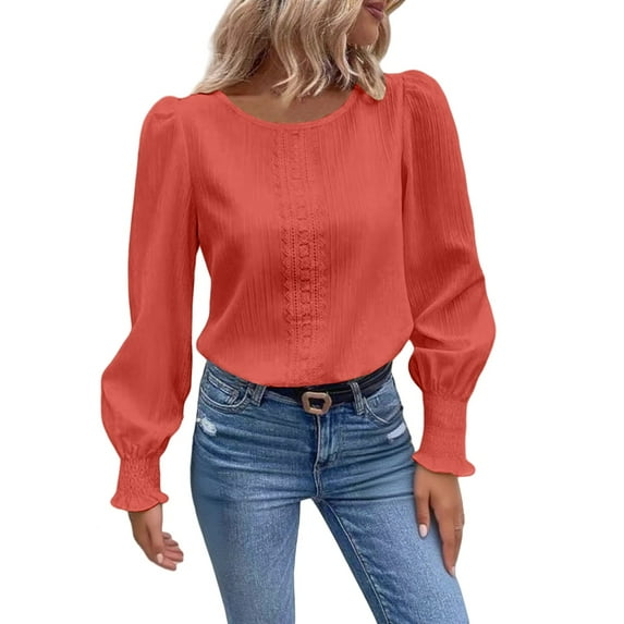 VISALY Lightweight Dressy Casual Blouses Long Sleeve Crewneck Pullover Tops Trendy Puff Sleeve Plain Tops Fitted Shirts Cute Shirts Casual Wrinkle Free Blouses Fashion Spring Fall Outfits Orange Xl