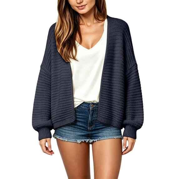VISALY Lightweight Knit Cardigans Sweater for Women Chunky Waffle Knit Cardigans Open Front V Neck Oversized Bubble Long Sleeve Cropped Loose Knit Sweater Jacket Plus Sized Casual Coat Dark Blue A