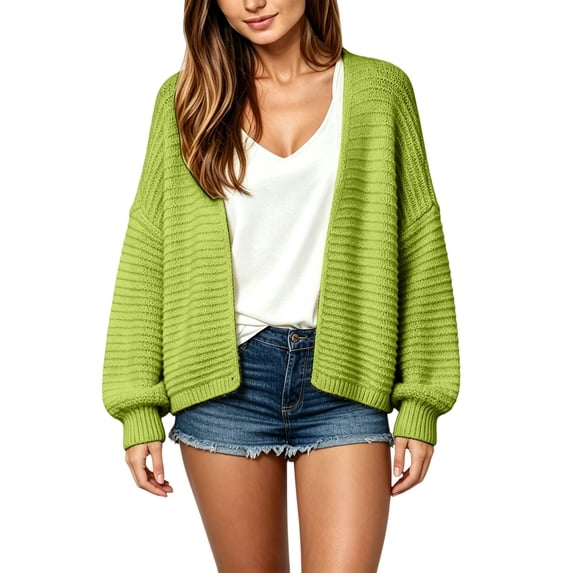 VISALY Lightweight Knit Cardigans Sweater for Women Chunky Waffle Knit Cardigans Open Front V Neck Oversized Bubble Long Sleeve Cropped Loose Knit Sweater Jacket Plus Sized Casual Fall Coat Green A