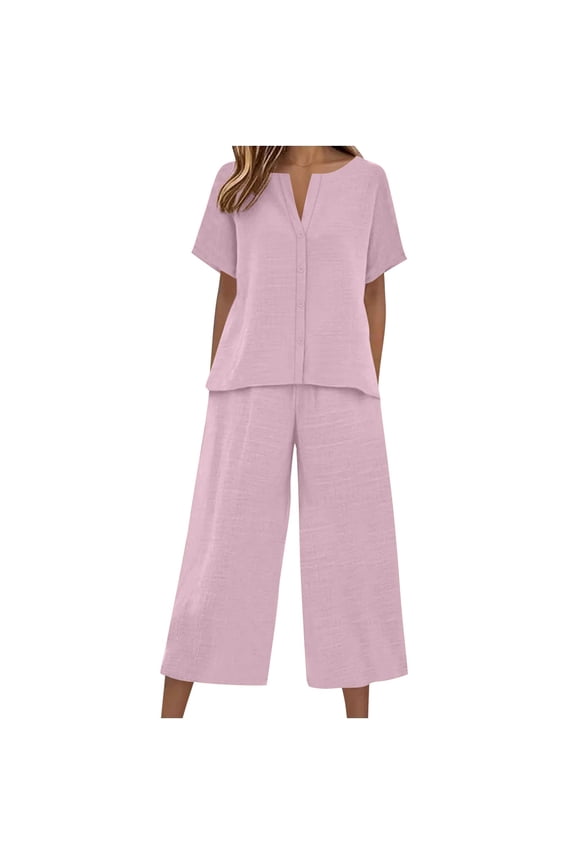 Linen Capri Set Women 2 Piece Outfits V Notch Short Sleeve Button Down Shirts Summer Flowy Crop Wide Leg Cropped Pants Suit Lightweight Gauze Casual Beach Vacation Clothes Outfits Pink Xxl