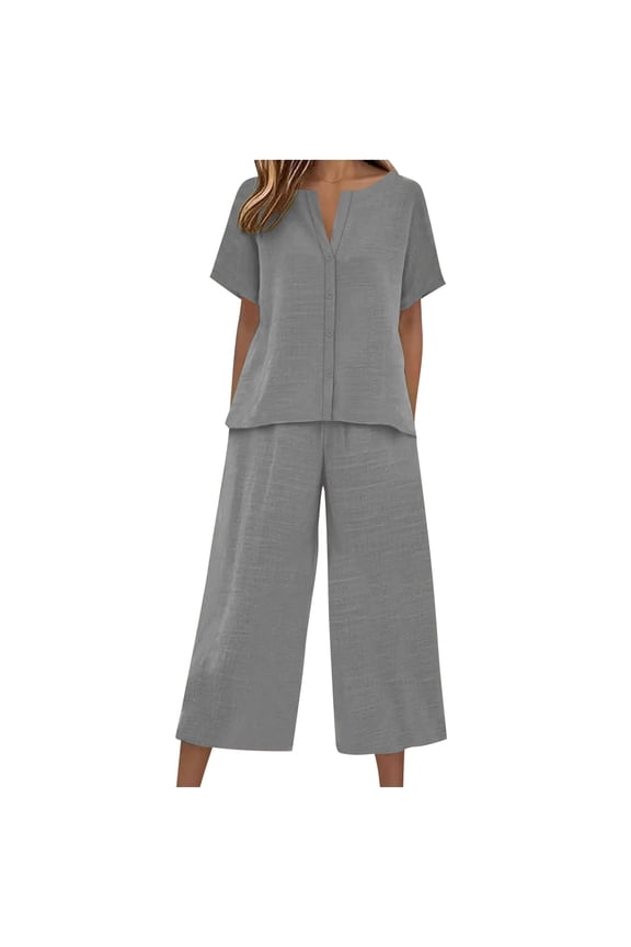 Linen Capri Set Women 2 Piece Outfits V Notch Short Sleeve Button Down Shirts Summer Flowy Crop Wide Leg Cropped Pants Suit Lightweight Gauze Casual Beach Vacation Clothes Outfits Grey S
