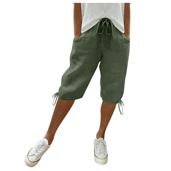 VISALY Linen Pants Women, Capris for Women with Pockets, Women's Cotton and Linen Pocket Elastic Casual Pants Women's Pants Shorts Women's, Cotton Pants for Women, Capris for Women (Sage green, L)