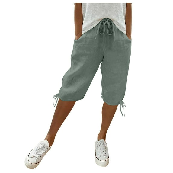 VISALY Linen Pants Women, Capris for Women with Pockets, Women's Cotton and Linen Pocket Elastic Casual Pants Women's Pants Shorts Women's Knee, Cotton Pants for Women, Capris for Women, Green, L