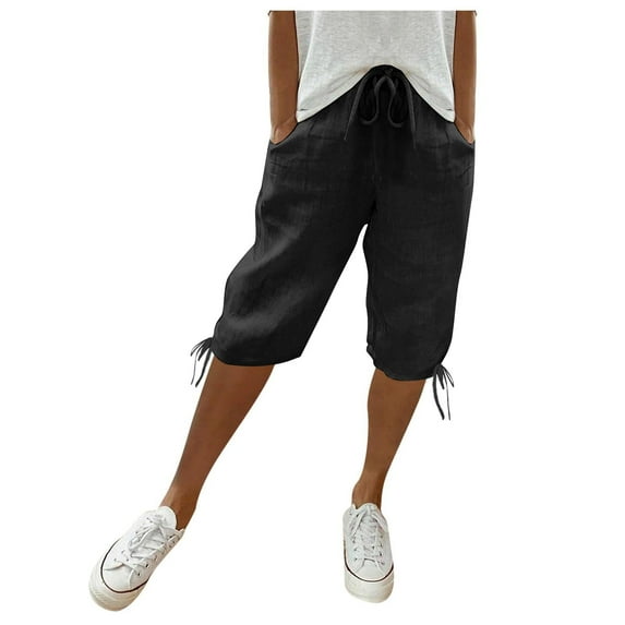 VISALY Linen Pants Women, Capris for Women with Pockets, Women's Cotton and Linen Pocket Elastic Casual Pants Women's Pants Shorts Women's Knee, Cotton Pants for Women, Capris for Women, Black, L
