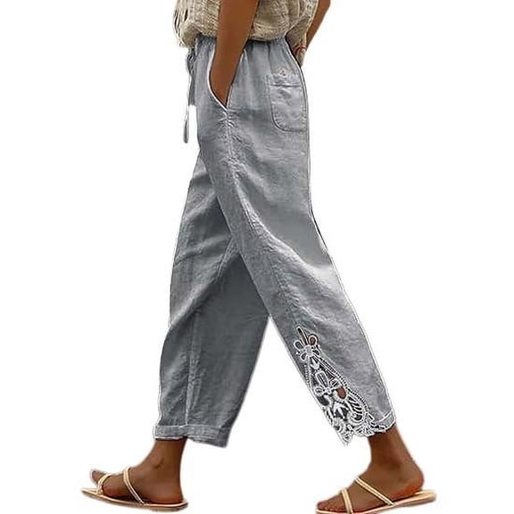 VISALY Linen Pants Women, Drawstring Pants Women, Fashion Lace Patchwork Design High Waist Drawstring Pocket Buttoned Trousers Cotton Pants for Women, 1 Pack Pants for Women, Grey, M