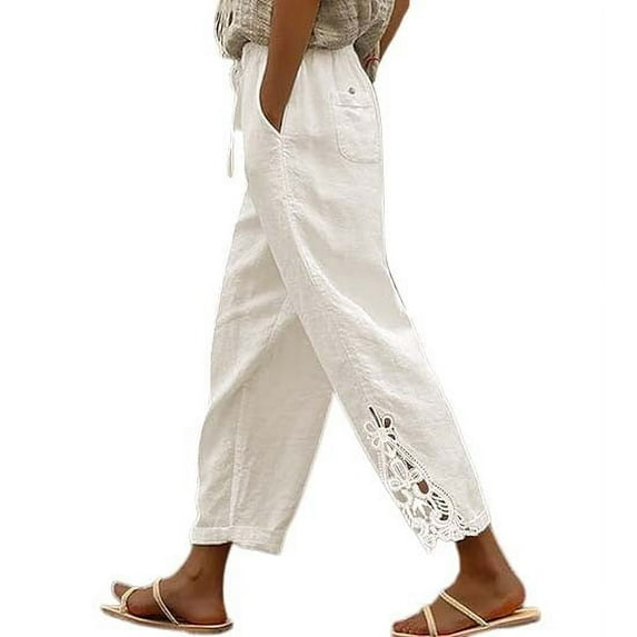 VISALY Linen Pants Women, Drawstring Pants Women, Fashion Lace Patchwork Design High Waist Drawstring Pocket Buttoned Trousers Ladies, Cotton Pants for Women, 1 Pack Pants for Women (Beige, XXL)