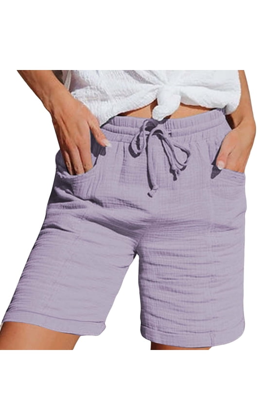 Linen Pants Women, Terry Cloth Shorts for Women, Women's Fashion Casual Elastic Waist Cotton and Linen Sports Shorts, Cotton Shorts for Women, 1 Pack Shorts for Women, A - Purple, L