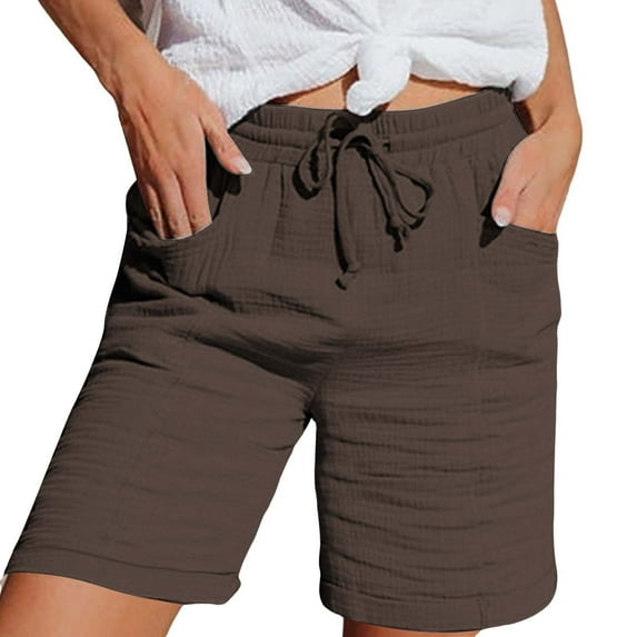 VISALY Linen Pants Women, Terry Cloth Shorts for Women, Women's Fashion Casual Elastic Waist Cotton and Linen Sports Shorts, Cotton Shorts for Women, 1 Pack Shorts for Women, A - Brown, L