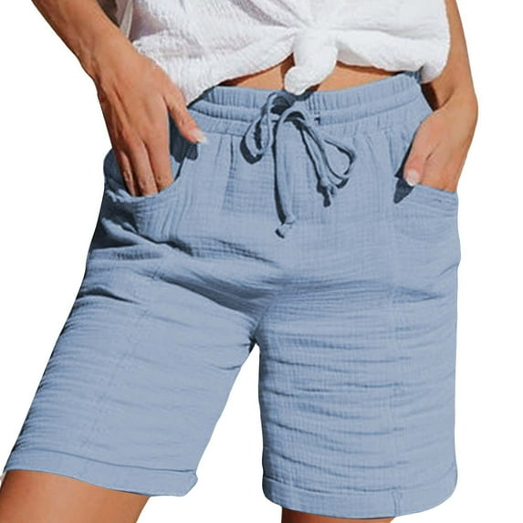 VISALY Linen Pants Women, Terry Cloth Shorts for Women, Women's Fashion Casual Elastic Waist Cotton and Linen Sports Shorts, Cotton Shorts for Women, 1 Pack Shorts for Women, A - Sky Blue, S