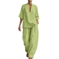thumbnail image 1 of VISALY Linen Sets for Women Dressy Half Sleeve Deep V Neck Peasant Halter Tunic Tops Flowy Linen Loose Wide Leg Long Palazzo Pants Sets Cotton Linen Lounge Matching Summer Casual Set Green Xl, 1 of 7