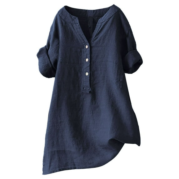 VISALY Linen Shirts Button Down Shirts Short Sleeve V Neck Comfy Shirts Soft T Shirts Dressy Casual Shirts Loose Tops Fashion Blouses Plus Size Blouses Dressy Casual Blouses Tee Shirts Navy Xxl
